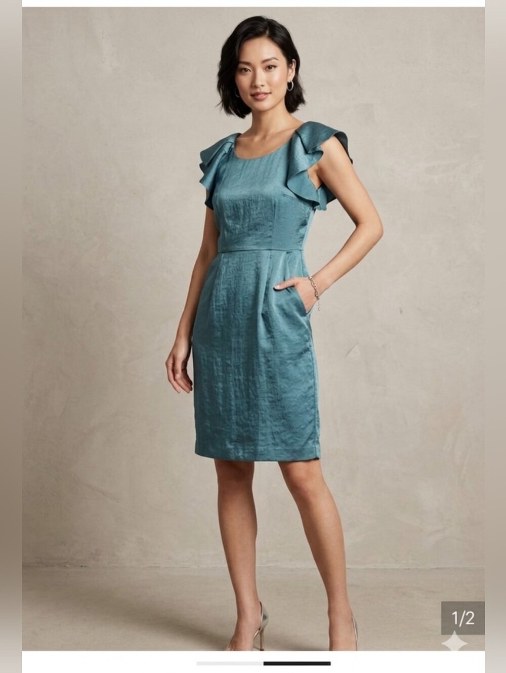 LOFT Teal Blue Ruffle-Sleeve Midi Dress